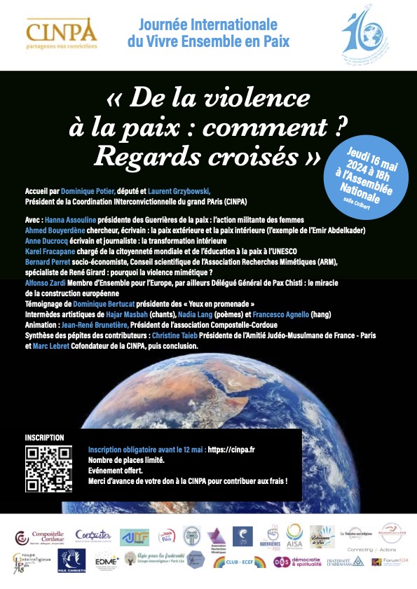 « De la violence à la paix : comment ? Regards croisés » à l’Assemblée Nationale jeudi 16 mai 2024 à 18h